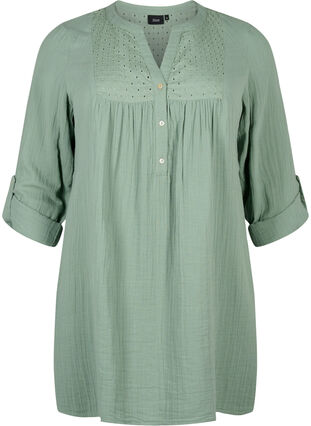 Tunic in cotton with embroidery anglaise, Chinois Green, Packshot image number 0