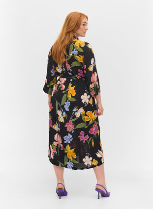 Printed midi dress with 3/4 sleeves, Big Flower AOP, Model image number 1