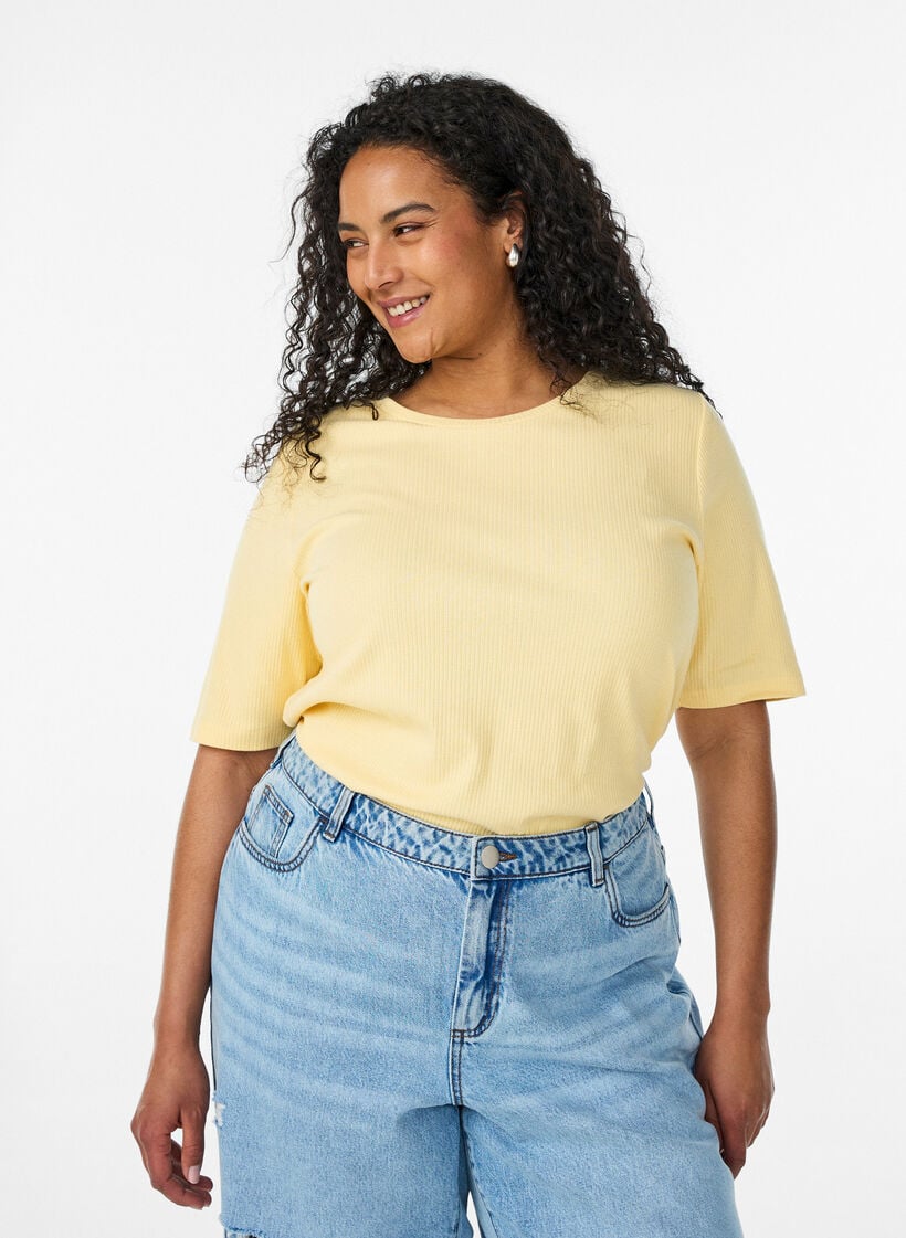 Ribbed jersey blouse with short sleeves, Yellow, Model image number 0