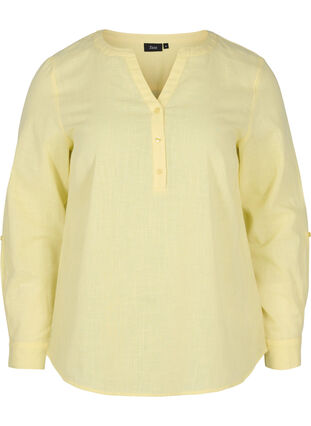 Shirt blouse in cotton with a v-neck, Yellow, Packshot image number 0