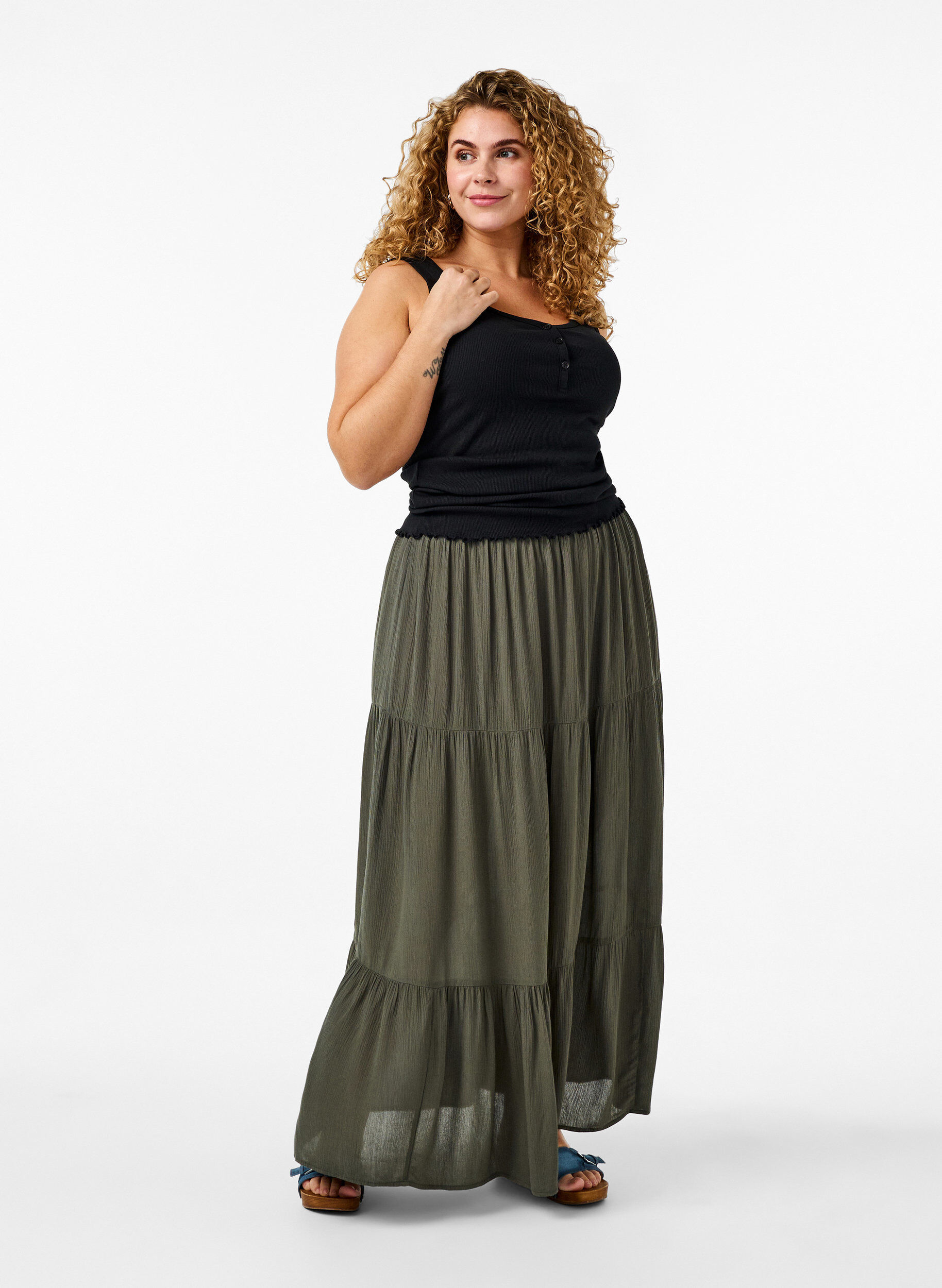 ZizzifashionLong skirt with elasticated waist, Green, Model image number 0