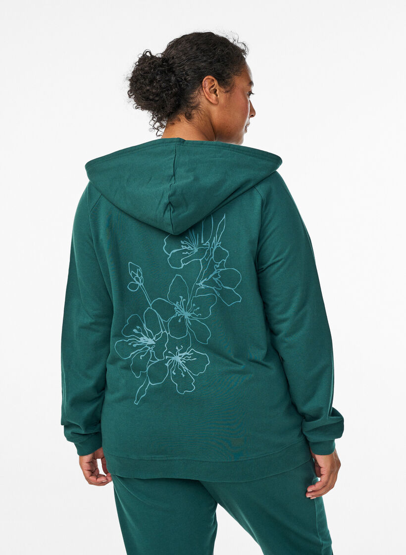Hoodie with zipper and back print, Green, Model image number 2