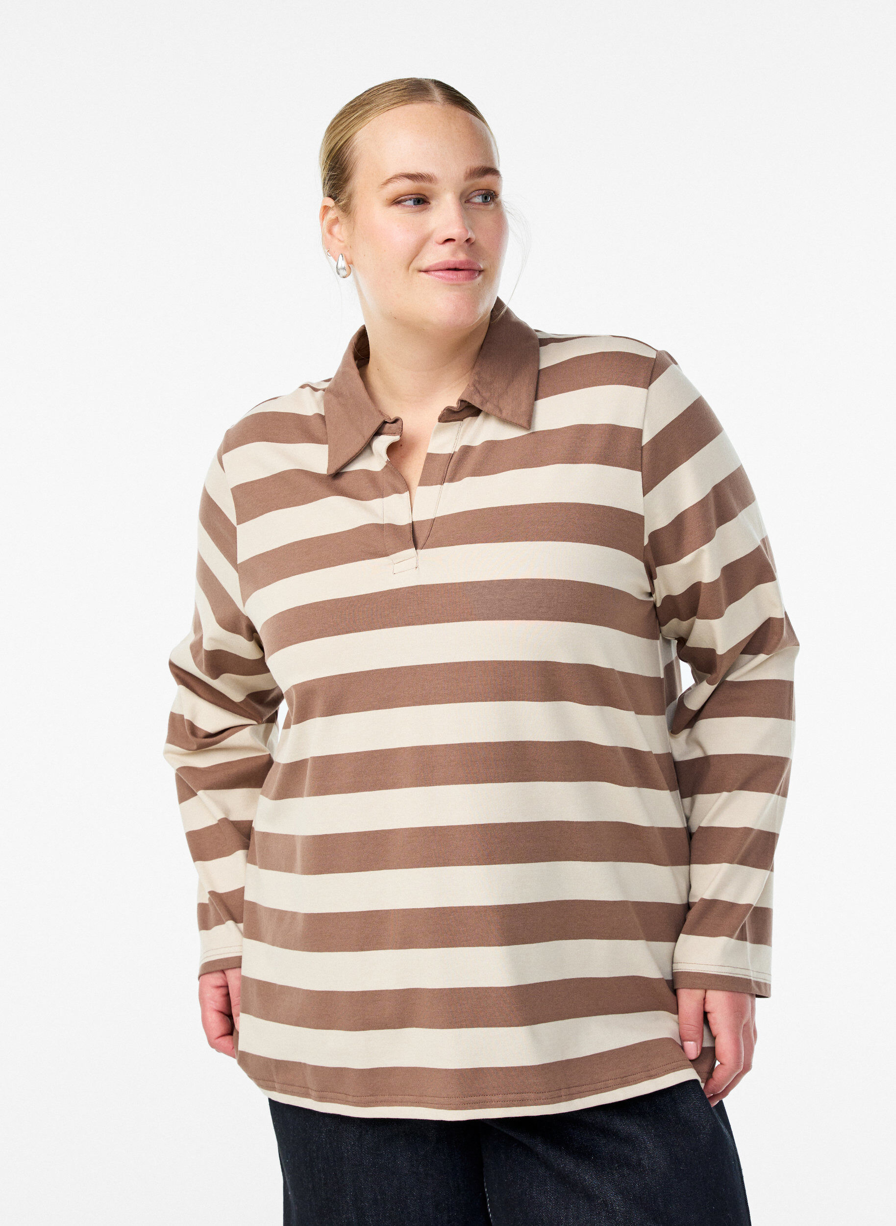 Long-sleeved polo shirt with wide stripes, Brown, Model