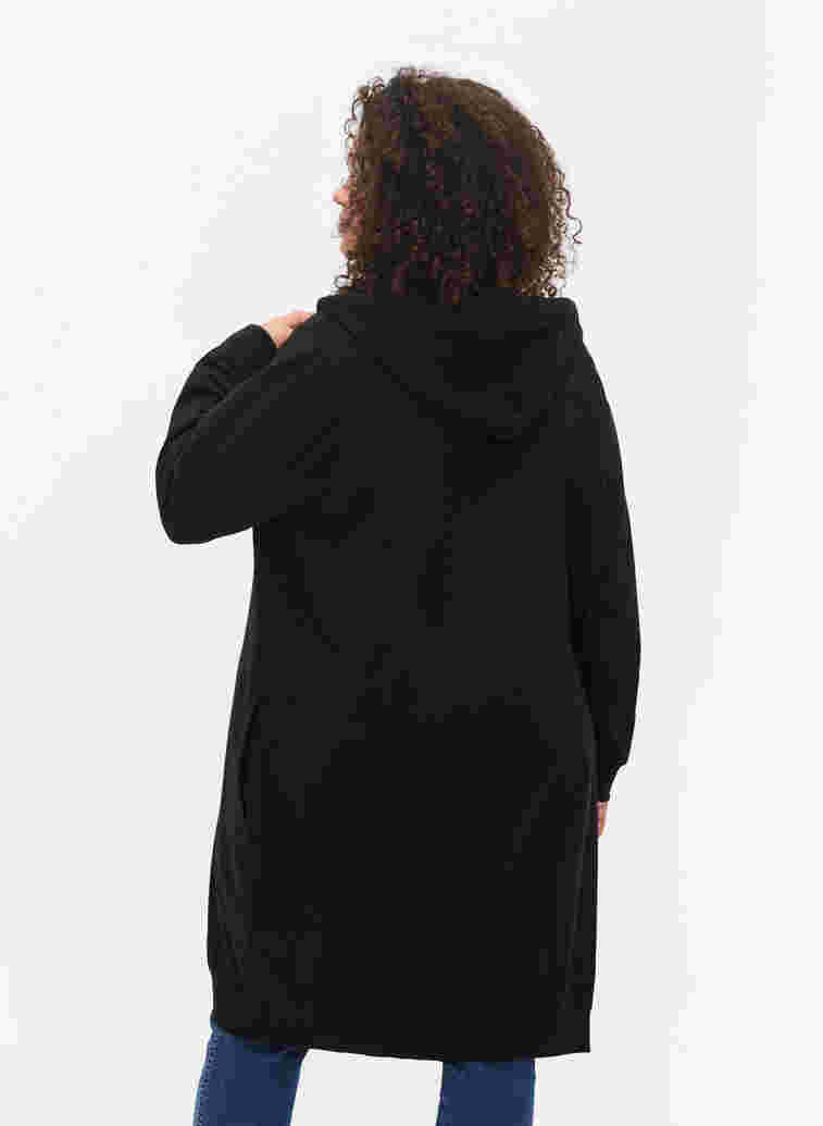Long cotton sweat cardigan with hood, Black, Model image number 1