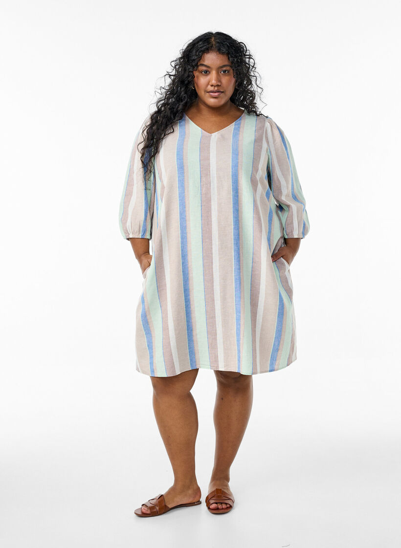 Short dress in linen and viscose with 3/4 sleeves, Blue, Model image number 1