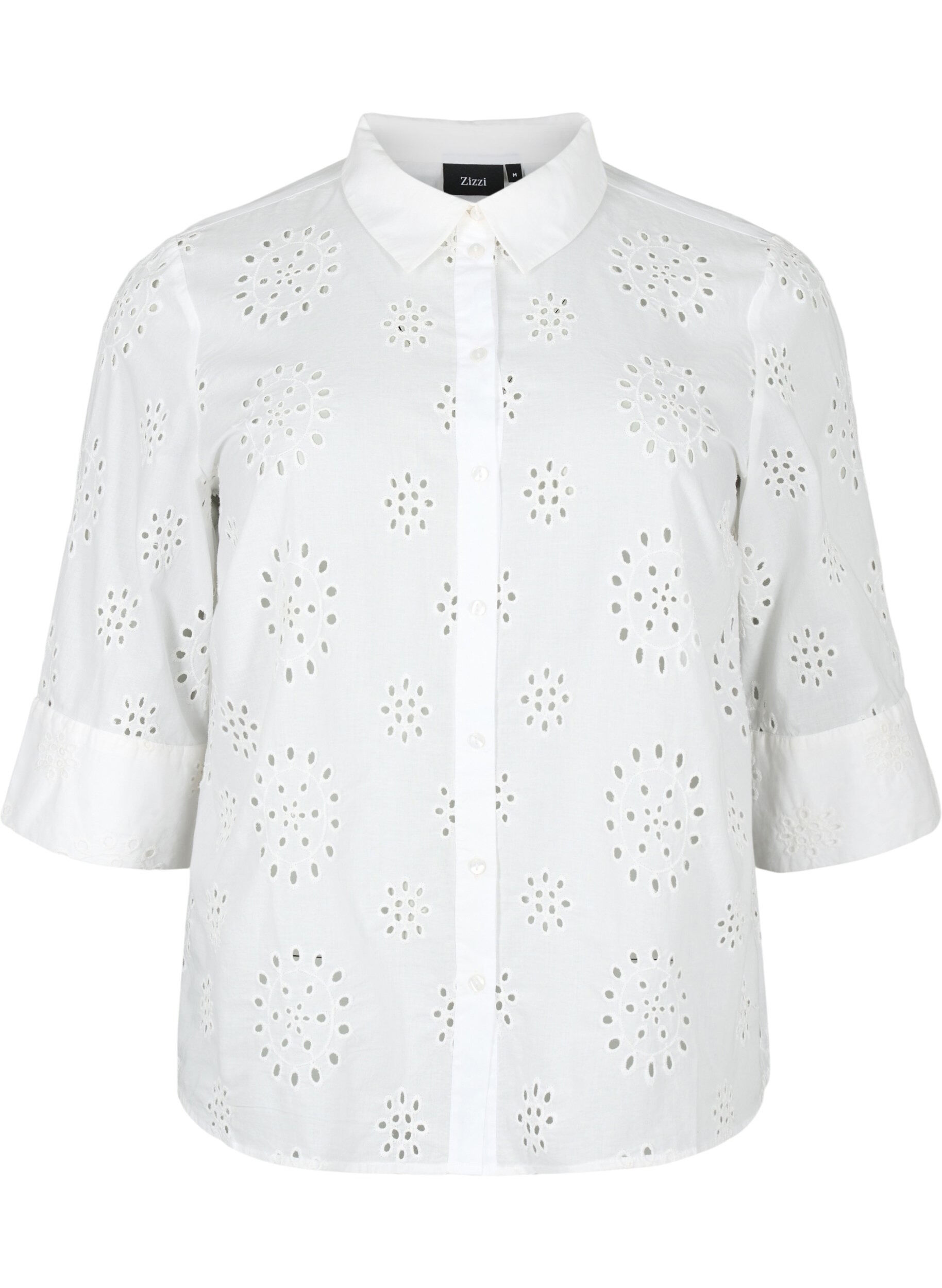 Zizzifashion Shirt blouse with embroidery anglaise and 3/4 sleeves, Bright White, Packshot image number 0