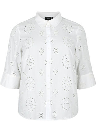 Shirt blouse with embroidery anglaise and 3/4 sleeves, Bright White, Packshot image number 0