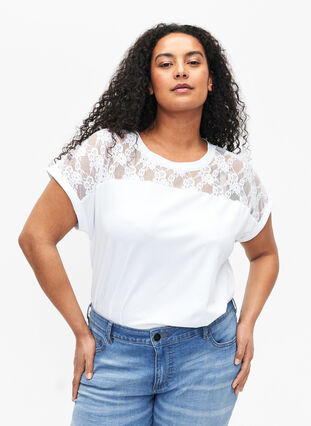 Short-sleeved cotton t-shirt with lace, Bright White, Model image number 0