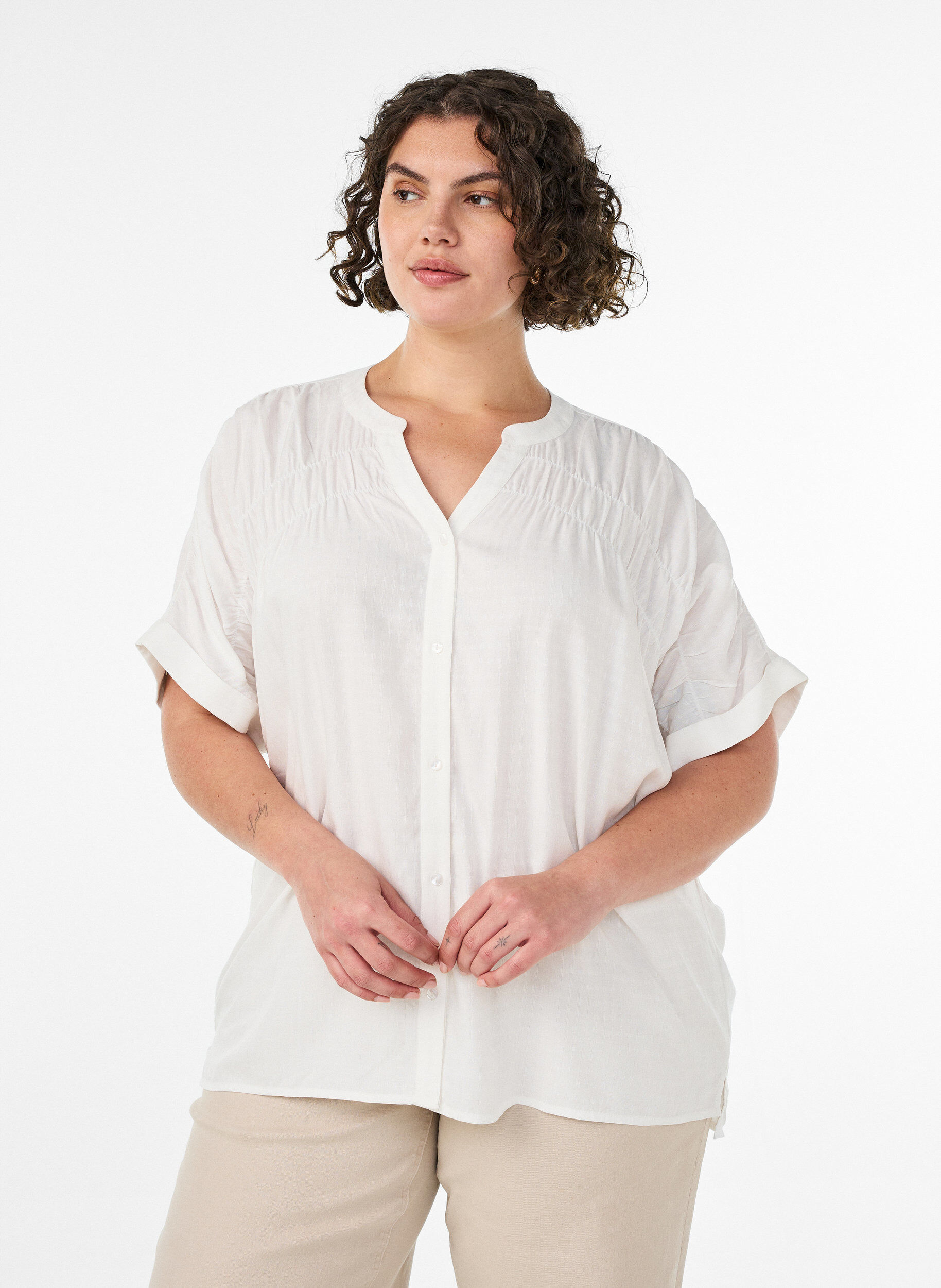 ZizzifashionViscose shirt with short sleeves and ruched detail, Vanilla, Model image number 0
