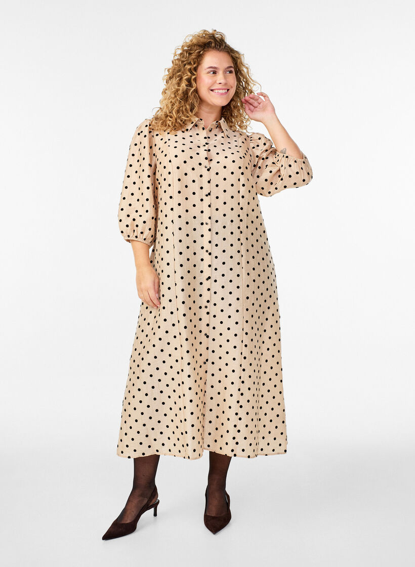 Midi shirt dress with polka dots and 3/4 sleeves, Beige, Model image number 0