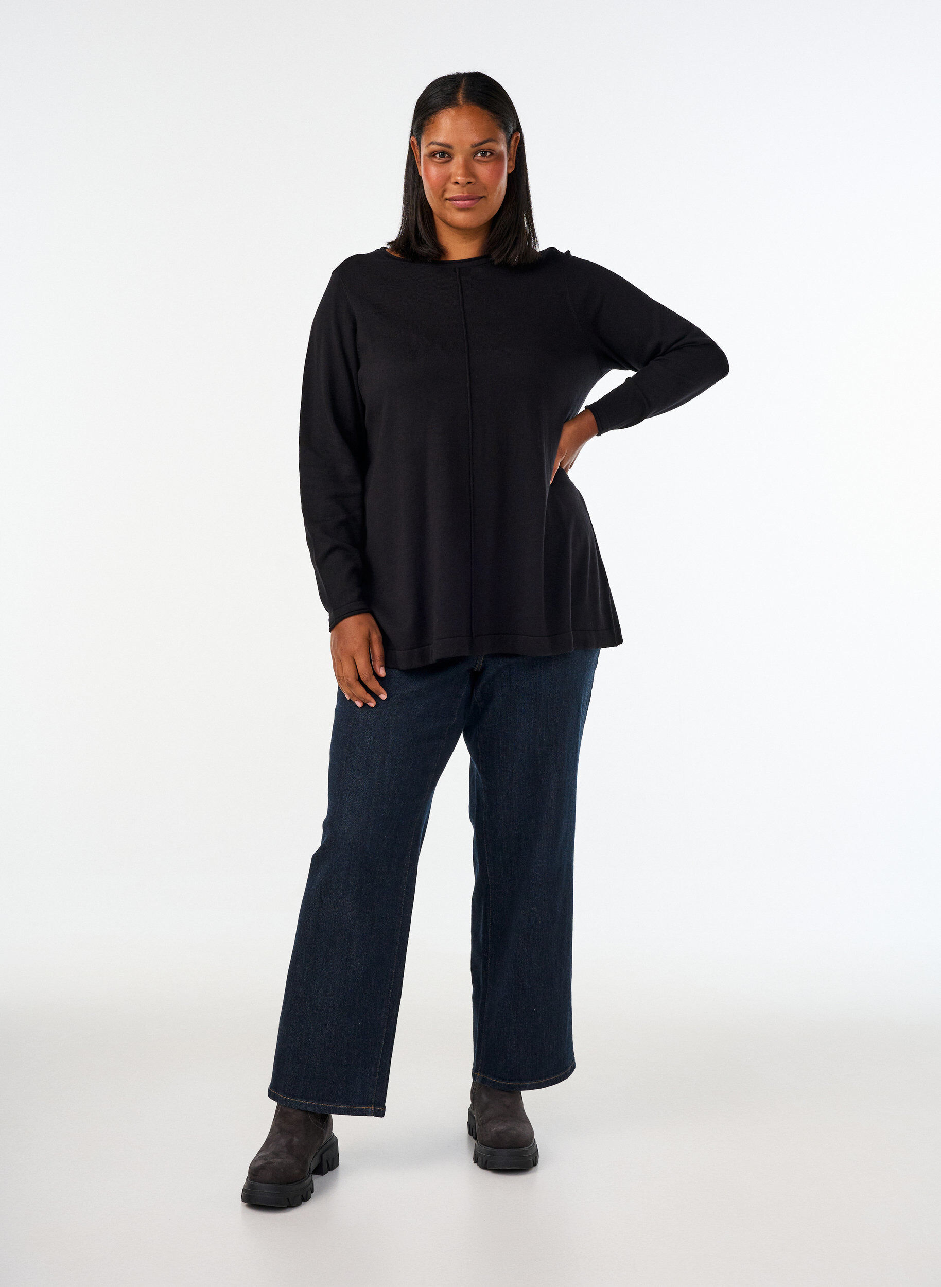 ZizzifashionKnitted blouse in cotton-viscose blend, Black, Model image number 1