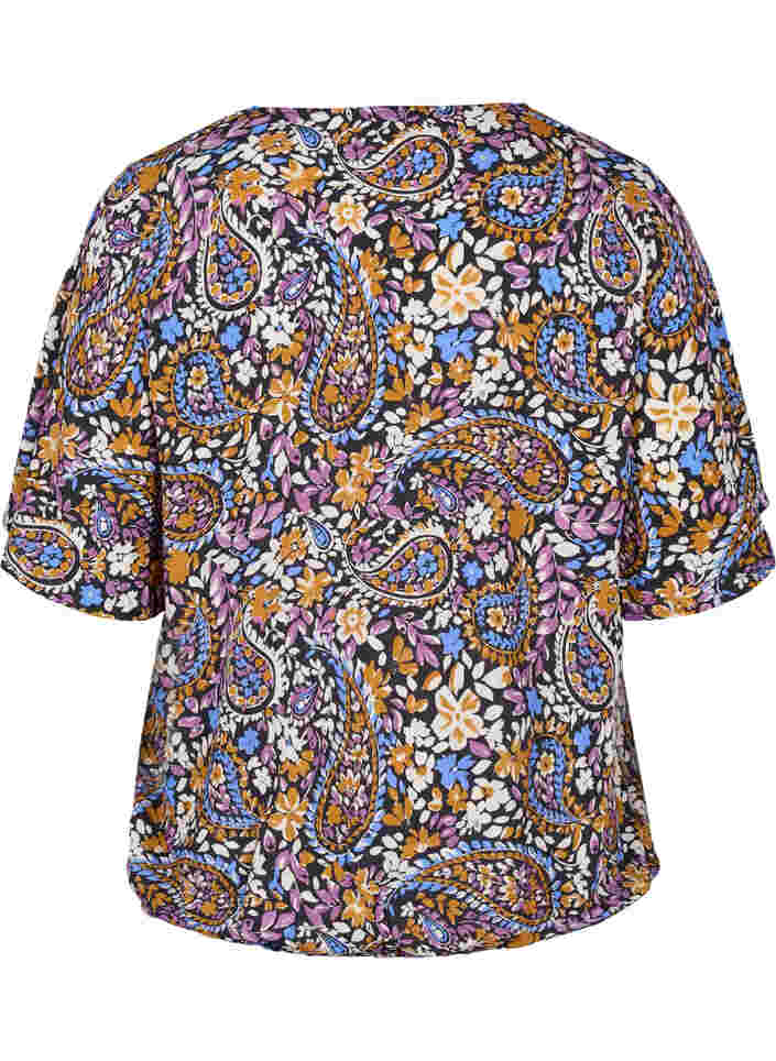 Short-sleeved paisley wrap blouse, Black G. Sky Paisley, Packshot image number 1