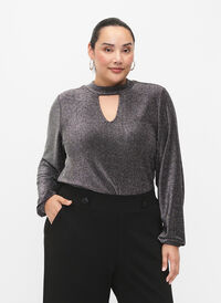 Long-sleeved glitter blouse with round neck and V-detail, Black Silver, Model