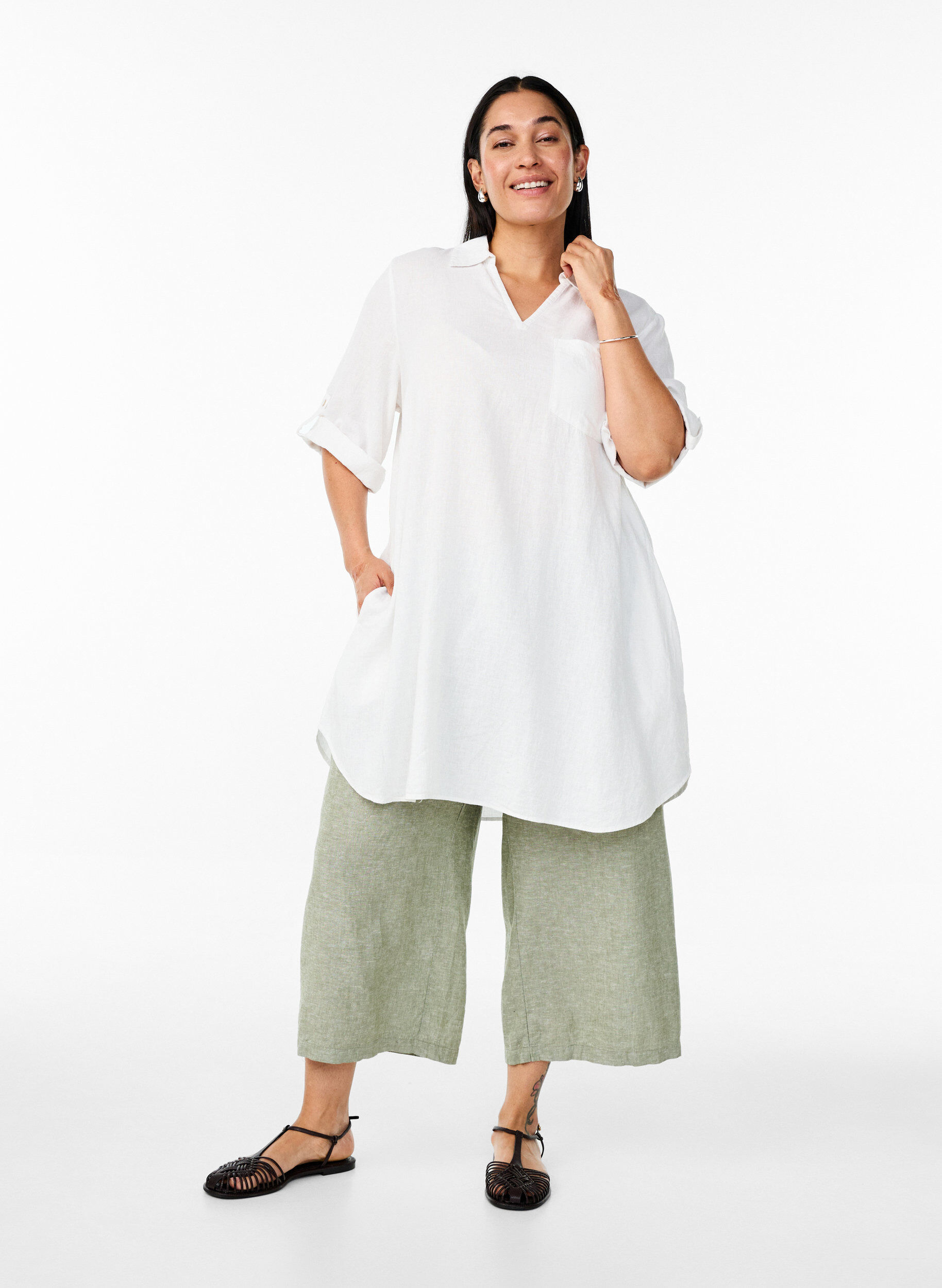 Zizzifashion Linen and viscose tunic with A-shape, White, Model image number 1