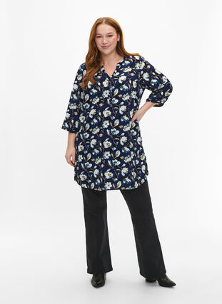 Floral tunic with 3/4 sleeves, P. Blue Flower AOP, Model image number 2