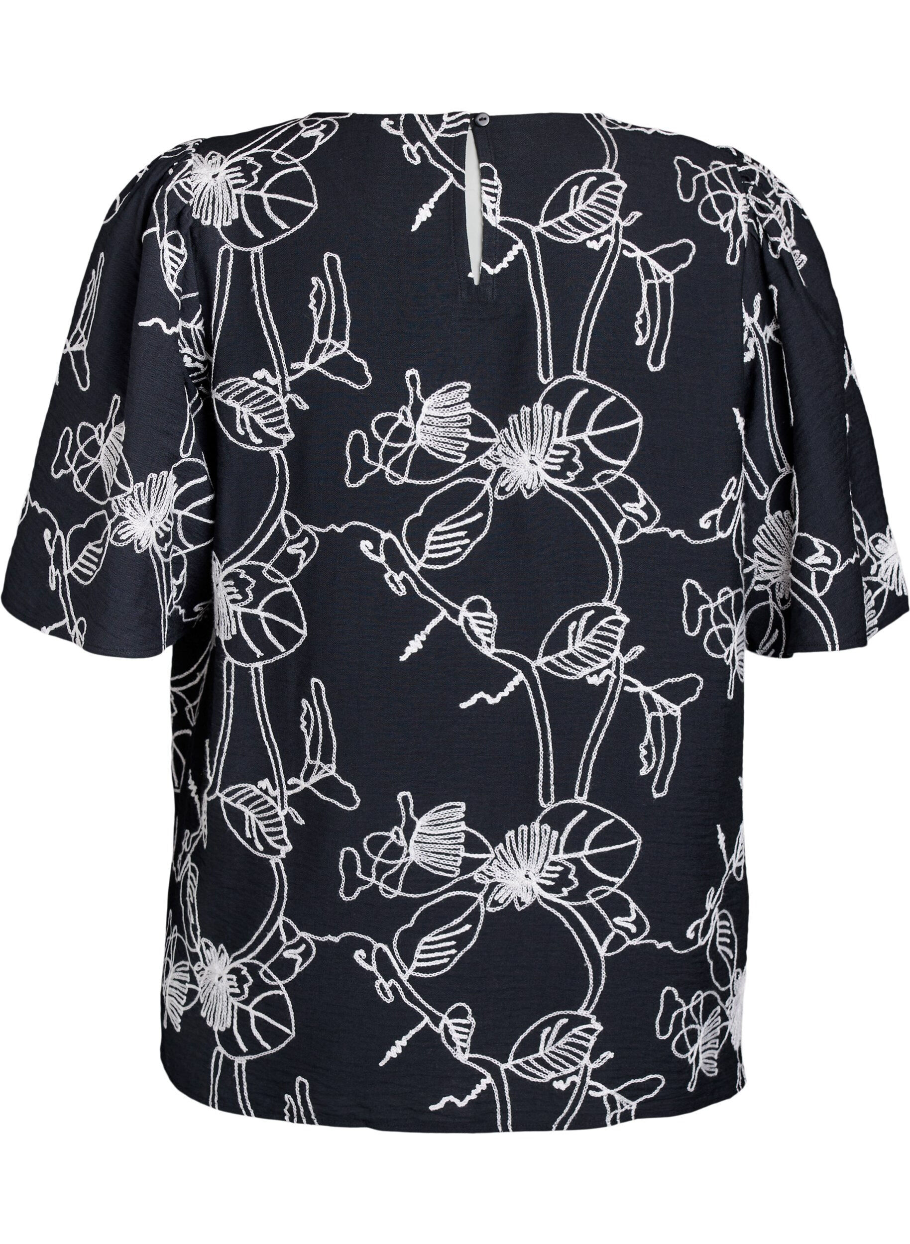 ZizzifashionShort-sleeved blouse with embroidered pattern, Black, Packshot image number 1