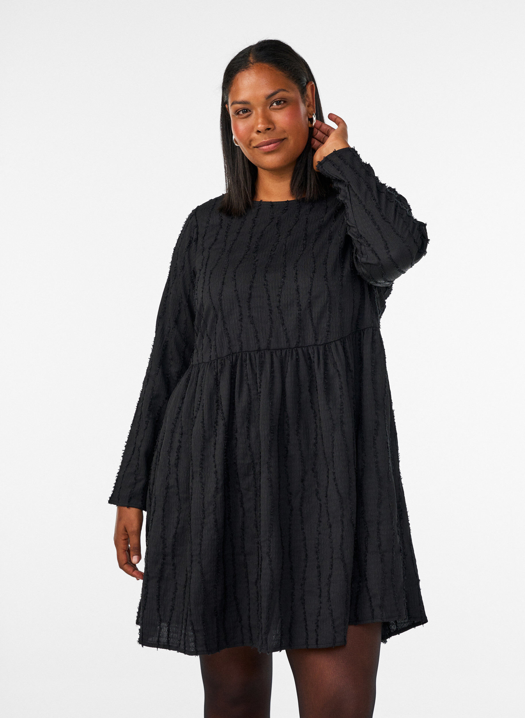 ZizzifashionShort jersey dress with a wavy textured pattern, Black, Model image number 0