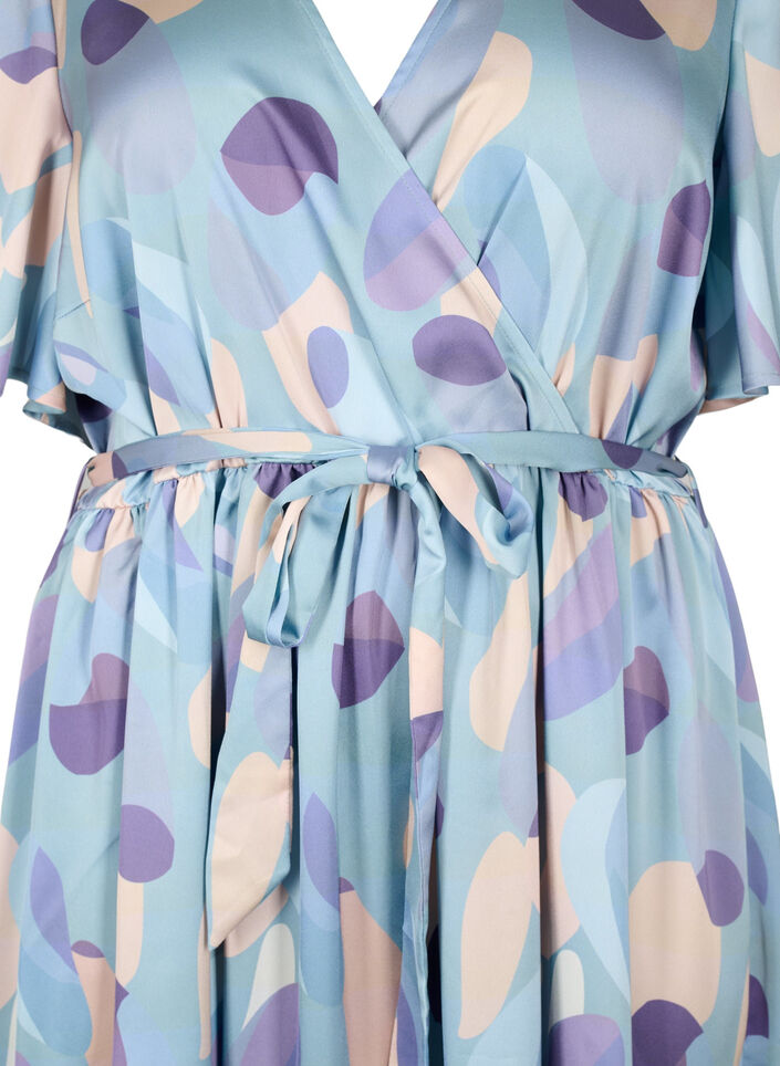 Short sleeve satin dress with print and tie, Gray mist AOP, Packshot image number 2