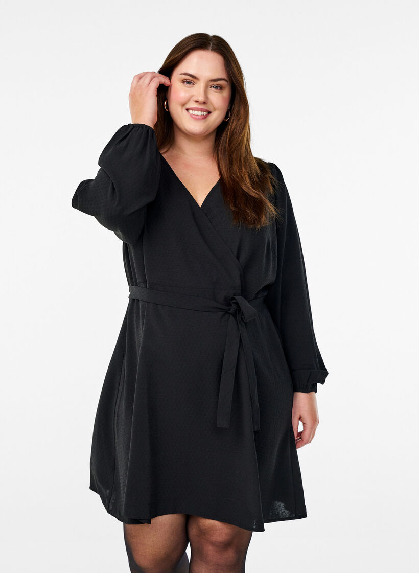 Short wrap dress with tie belt, Black, Model image number 0