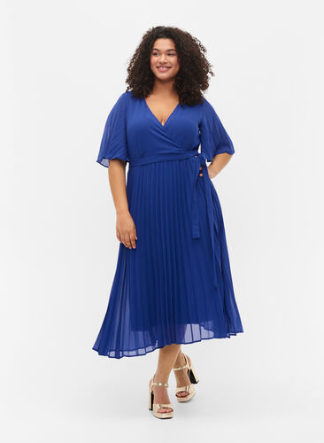 Pleated midi dress with short sleeves, Clematis Blue, Model image number 0