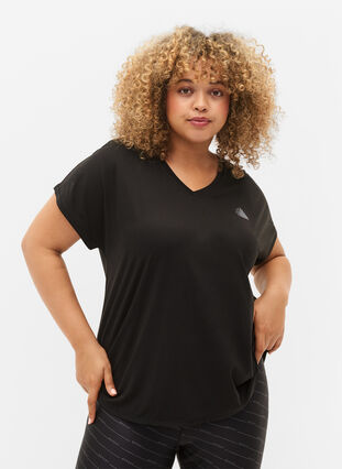 Short sleeve sport t-shirt with v-neck, Black, Model image number 0