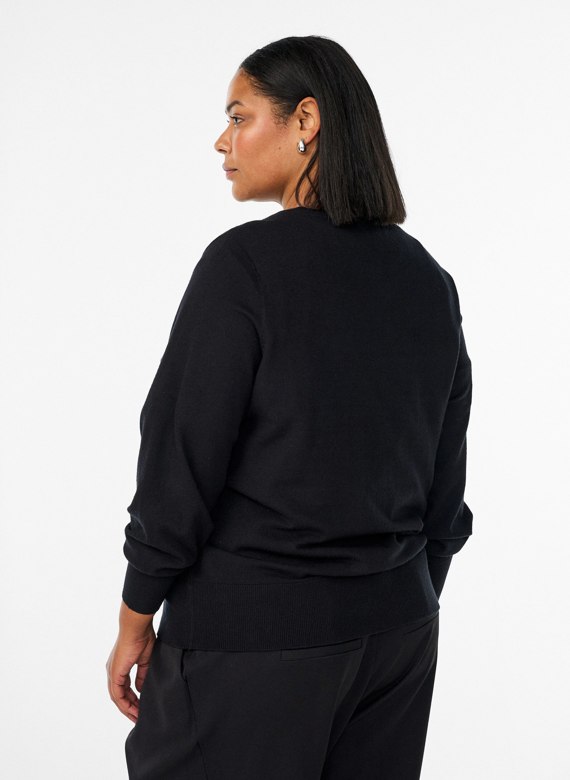 Zizzifashion Cardigan with round neck and fabric-covered buttons, Black, Model image number 2