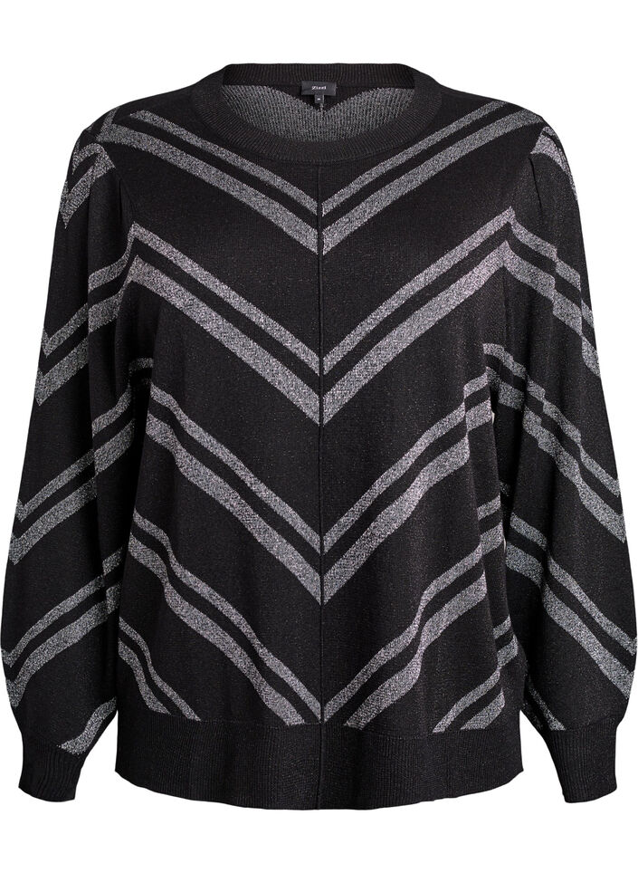 Patterned knit blouse with glitter effect, Black, Packshot image number 0