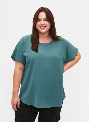 Short sleeved blouse with round neckline, Sea Pine, Model image number 0
