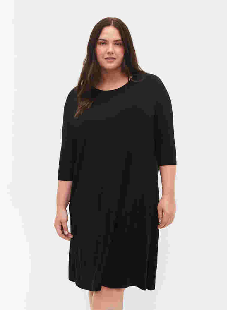 Jersey dress in viscose with 3/4 sleeves, Black, Model image number 0