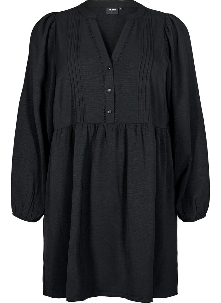 FLASH - Short dress with pleats and long sleeves, Black, Packshot image number 0