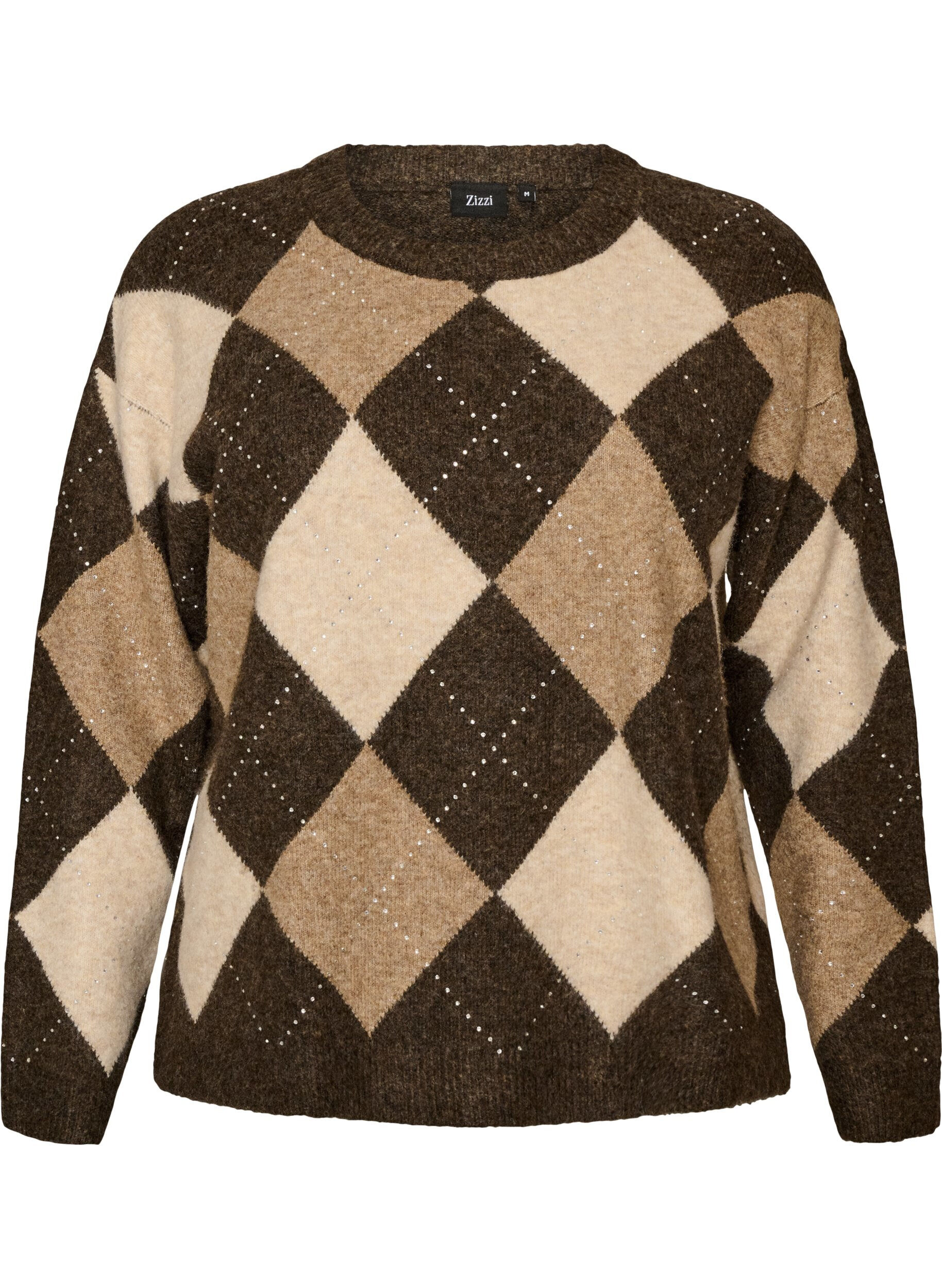 Knitted top with argyle pattern and rhinestones