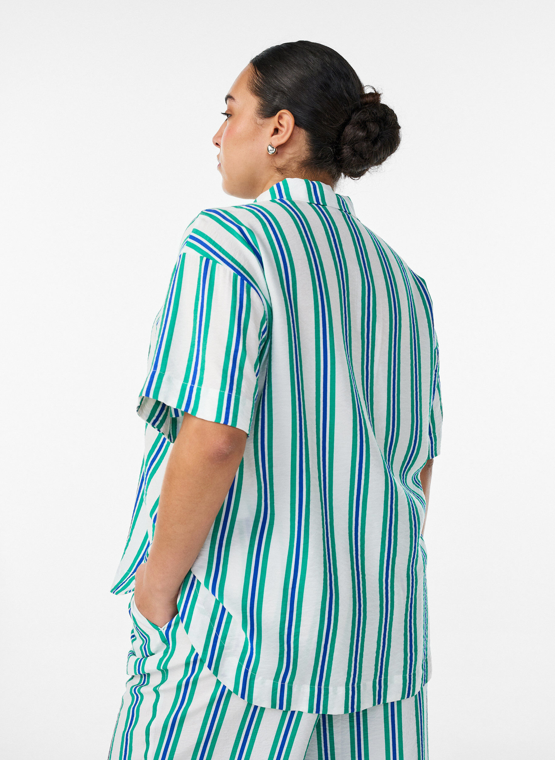 ZizzifashionStriped viscose shirt with short sleeves, Vanilla, Model image number 2