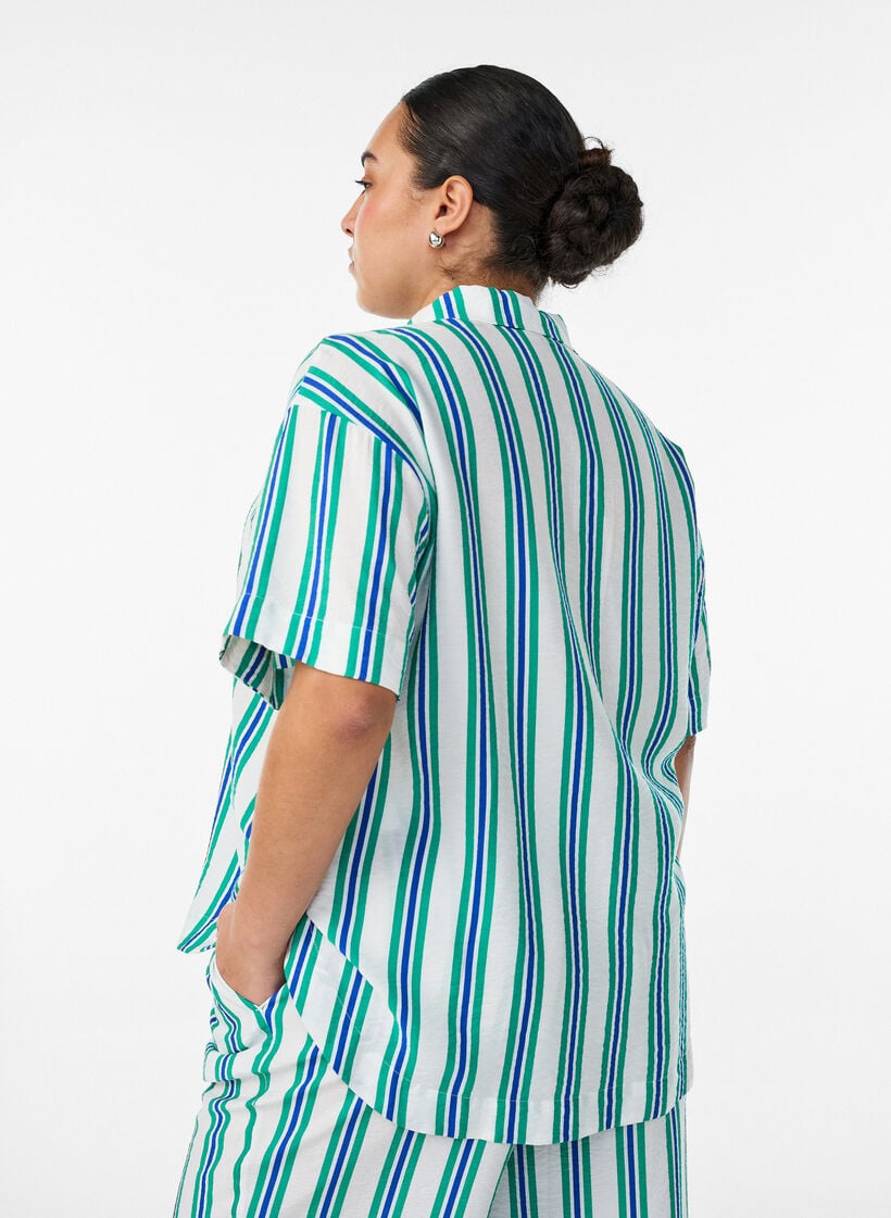 Striped viscose shirt with short sleeves, Vanilla, Model image number 2