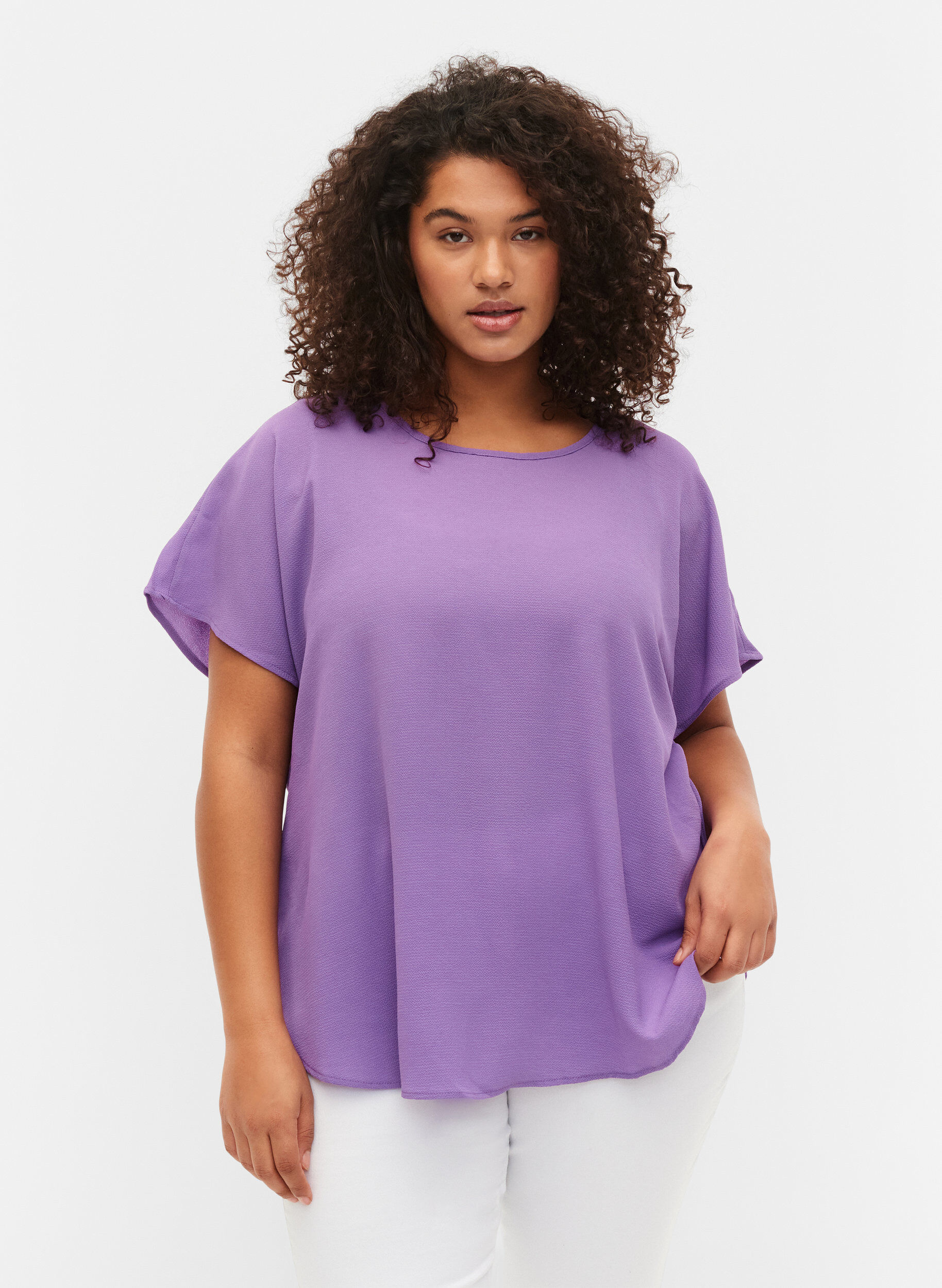 Zizzifashion Blouse with short sleeves and a round neckline, Purple, Model image number 0