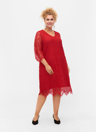 Lace Dress with 3/4 sleeves, Tango Red, Model image number 2