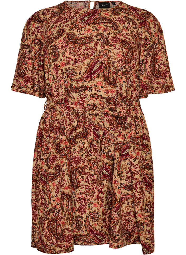 Dress with paisley print and tie-belt, Brown, Packshot image number 0