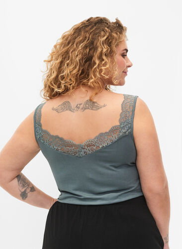 Viscose top with lace edge, Balsam Green, Model image number 1