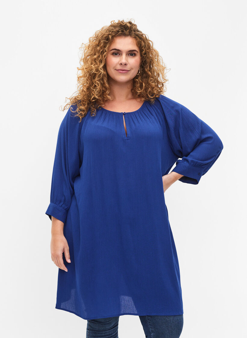 Viscose tunic with 3/4 sleeves, Blue, Model image number 0
