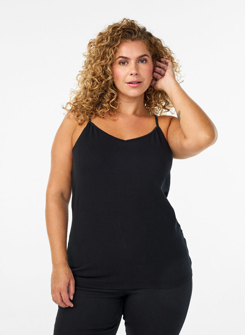 Basic cotton spaghetti strap top, Black, Model image number 0