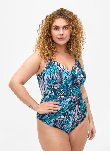 Swimsuit with print and wrap effect, Blue Shell AOP, Model image number 0