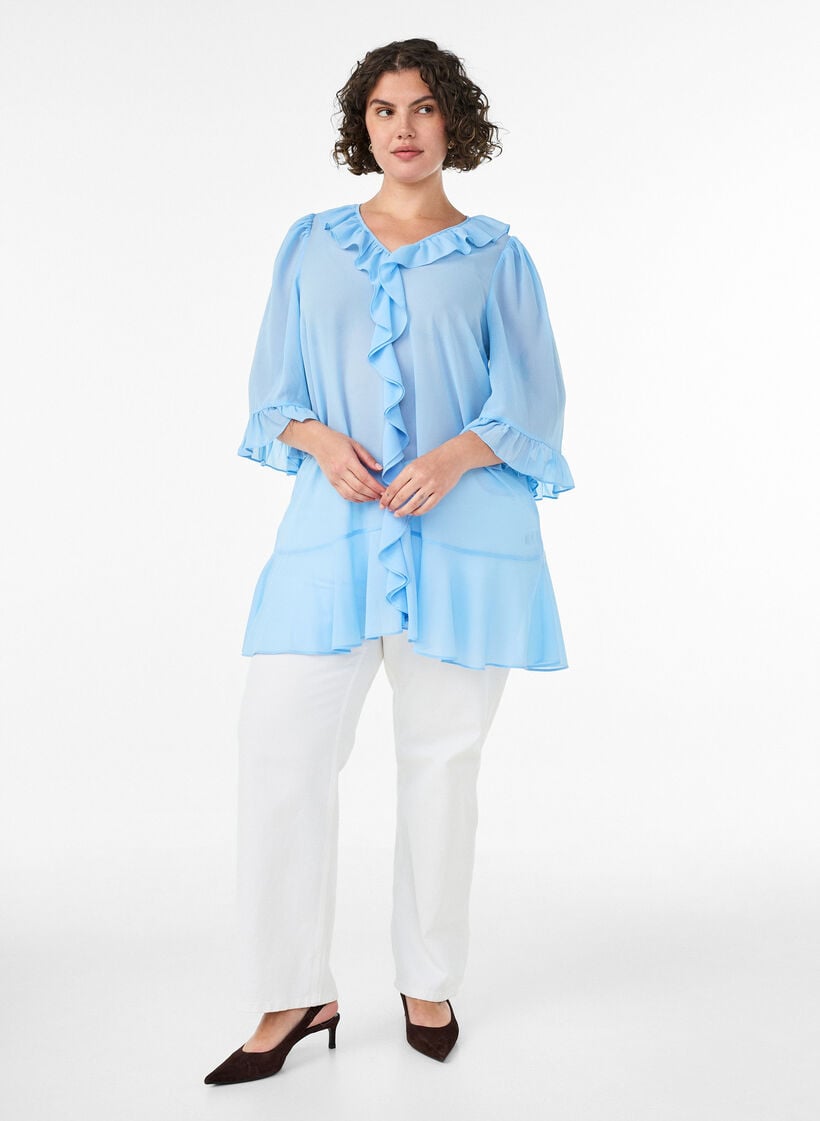 Tunic with ruffles and 3/4 sleeves, Light Blue, Model image number 1
