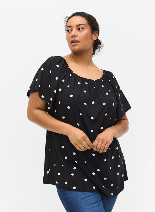 Short-sleeved polka dot viscose blouse
