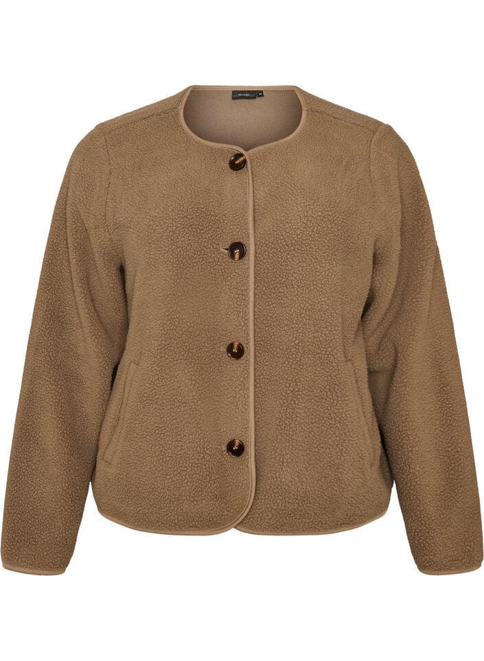 Teddy jacket with a round neck and buttons, Brown, Packshot image number 0