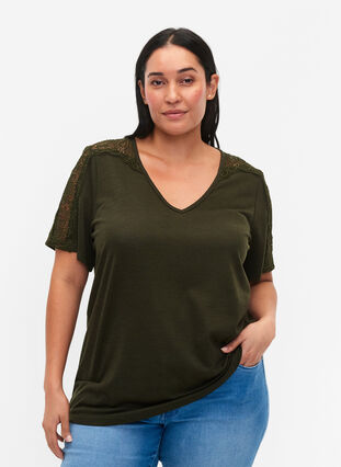 Short-sleeved blouse with lace and v-neck, Forest Night, Model image number 0