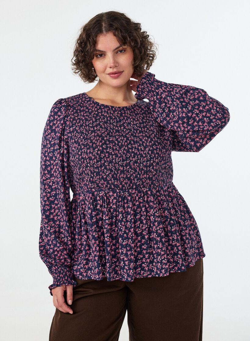 Blouse with smocked top and floral print, Blue, Model image number 2