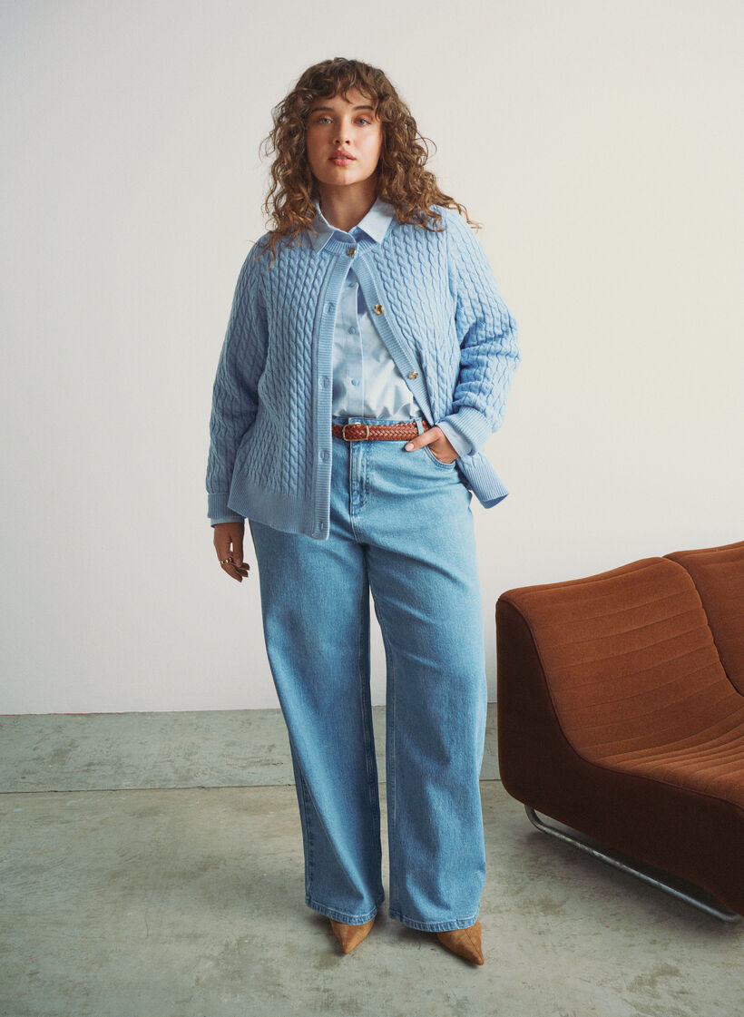 Cable-knit cardigan with golden buttons, Blue, Image image number 0