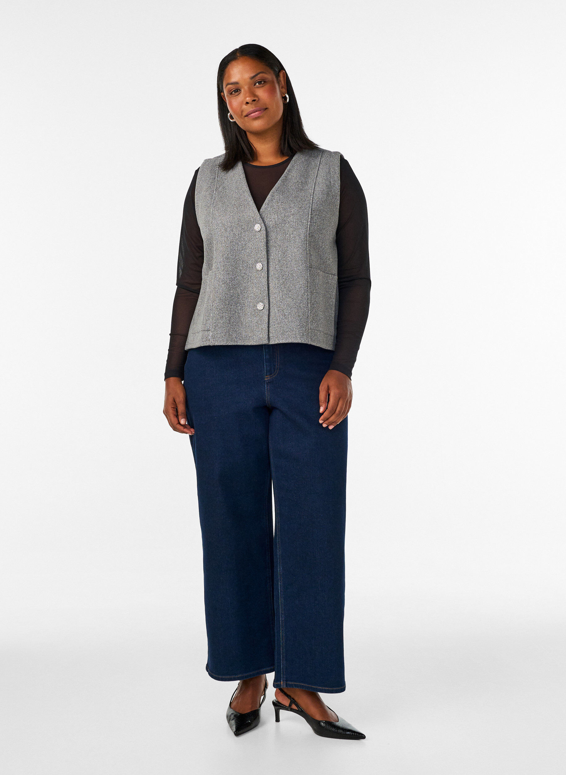 ZizzifashionV-neck vest with buttons, Grey, Model image number 1