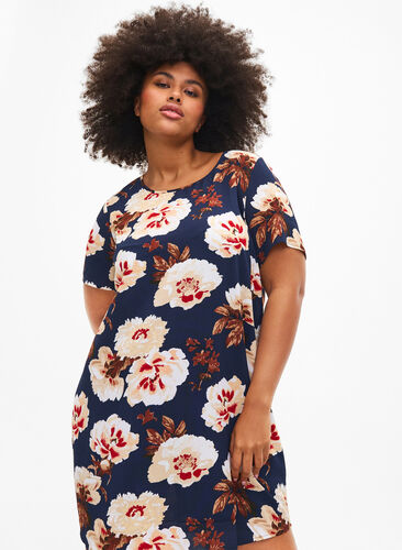 Dress with print and short sleeves, Navy B. Rose AOP, Image image number 1