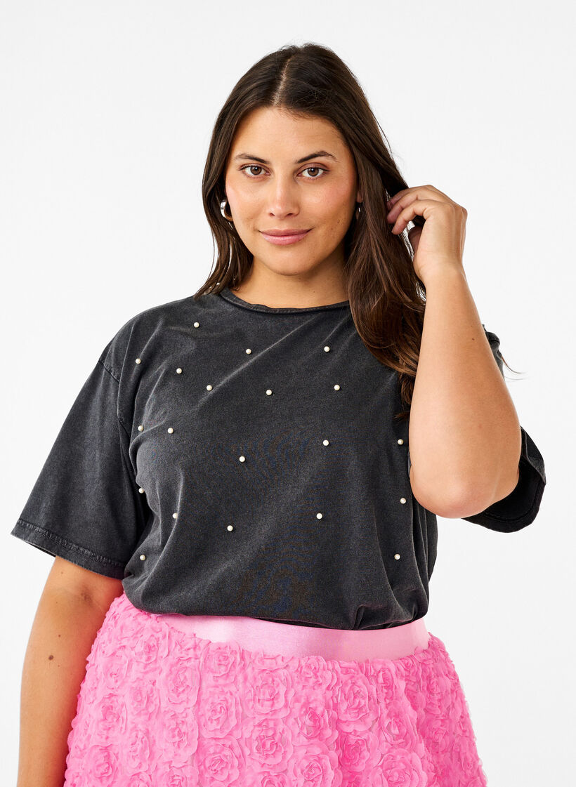 T-shirt with pearls, Grey washed, Model image number 0