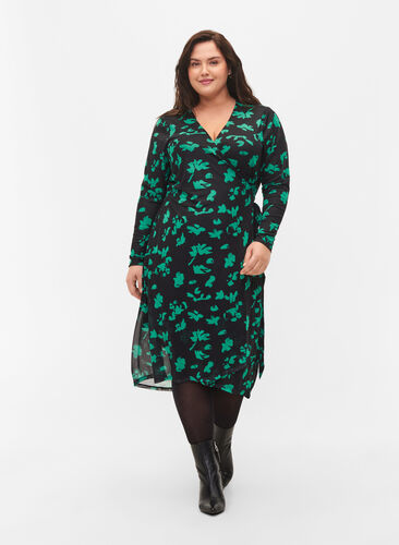 Printed wrap dress in mesh, Black Green , Model image number 0
